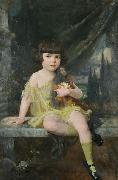Douglas Volk Young Girl in Yellow Dress Holding her Doll, oil painting artist